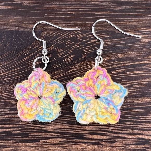 Hand Crafted Jewelry - Handmade Crochet Star Earrings on Hypoallergenic White Gold Plated Hooks